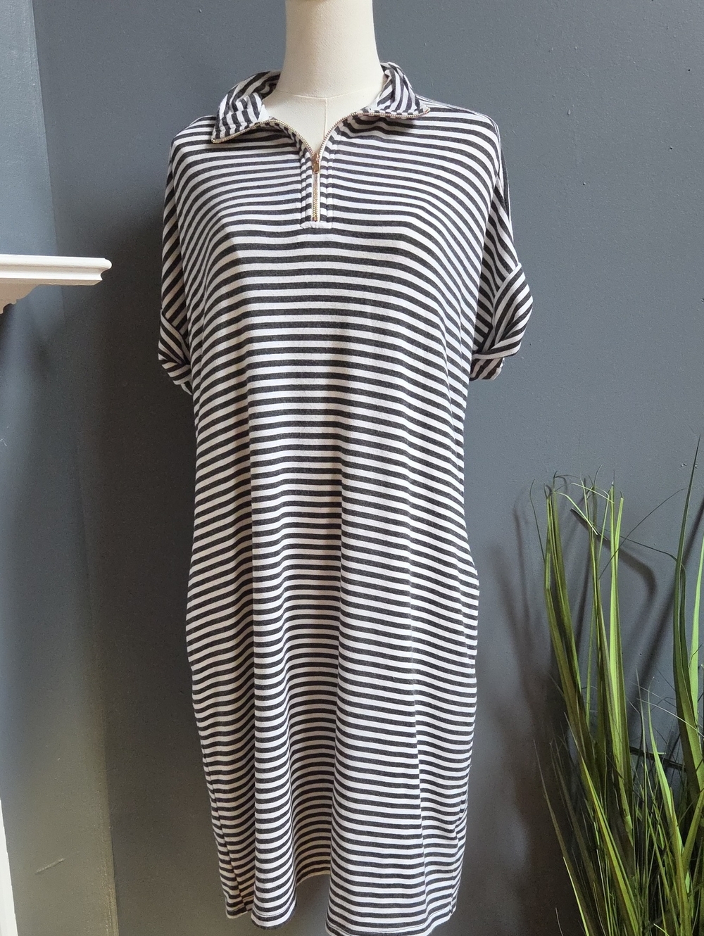 Gloria Vanderbilt Black and White Striped Polo Midi Dress